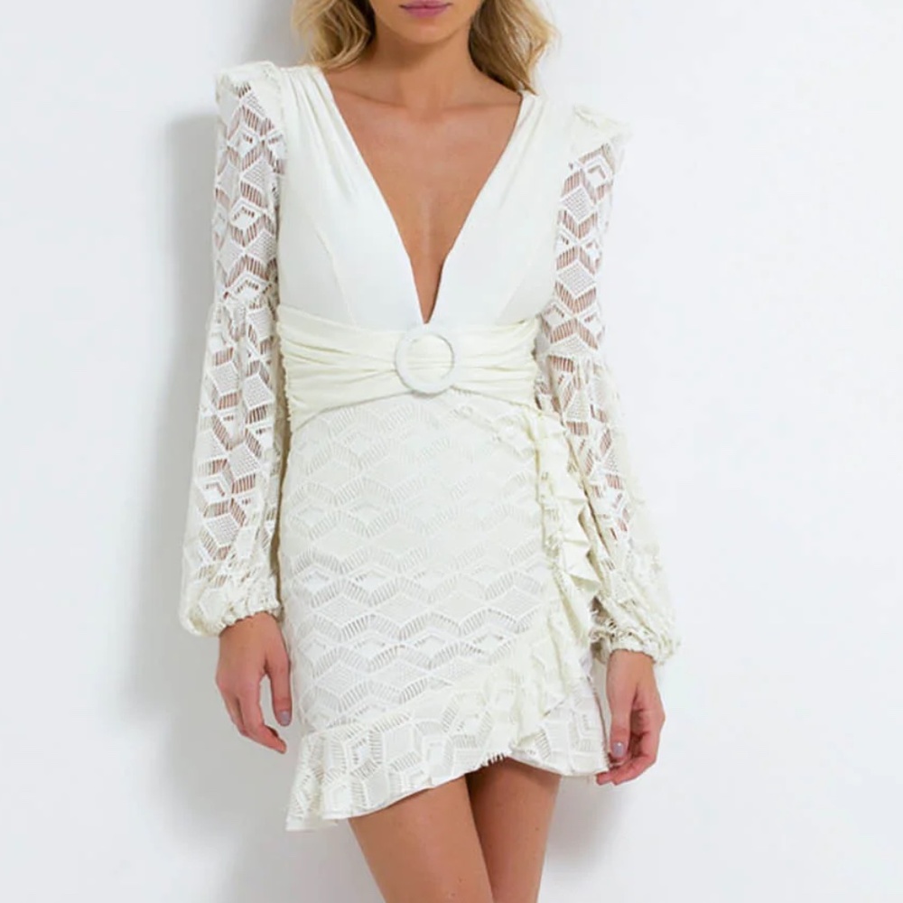 PatBO - Crochet Plunge Mini Dress - White / Ivory - Small - GREAT condition